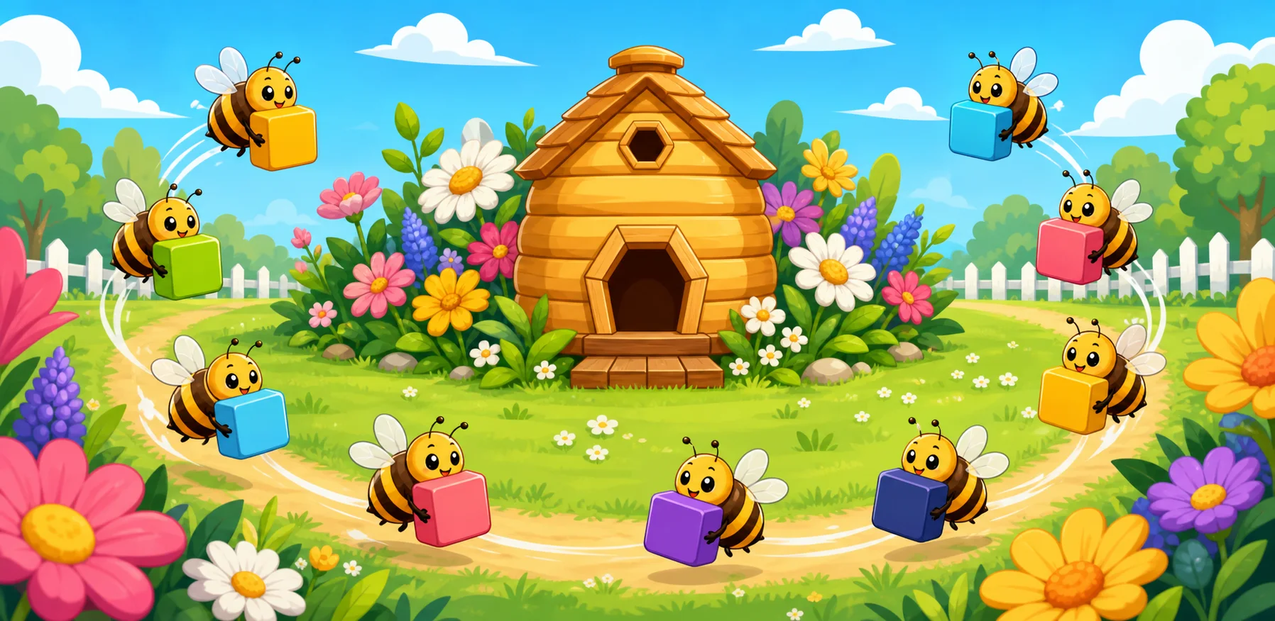 Colourful bees bringing pollen home to a flower-filled hive